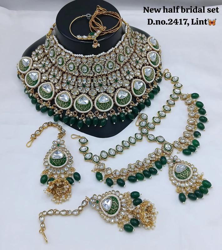 [BRIDAL 2417 GREEN] Opulent Ethnic Green Kundan Choker Necklace Earring Jewellery Set For Bride