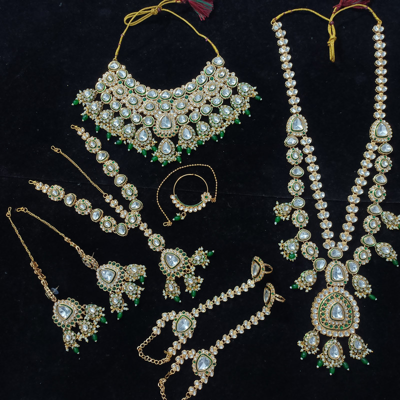 [Bridal 53 green] Bridal 53 green Kundan Choker Necklace Earring Jewellery set for Bride