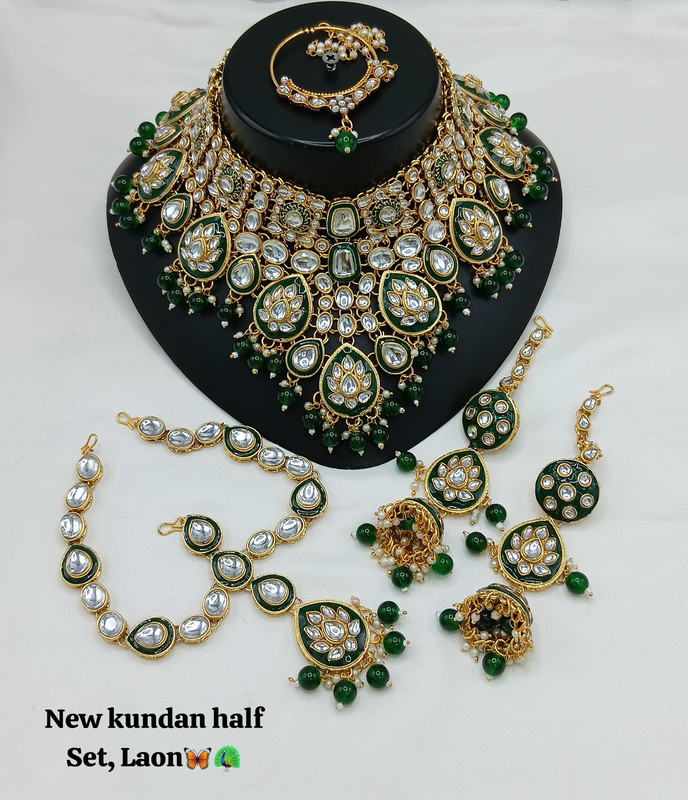 Shandaar Contemporary Green Kundan Choker Necklace Earring Jewellery Set For Bride