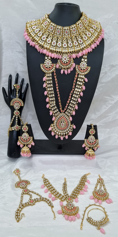 [BRIDAL COMBO 17 Baby Pink] Authentic Contemporary Baby Pink Kundan Choker Necklace Earring Jewellery Set For Bride