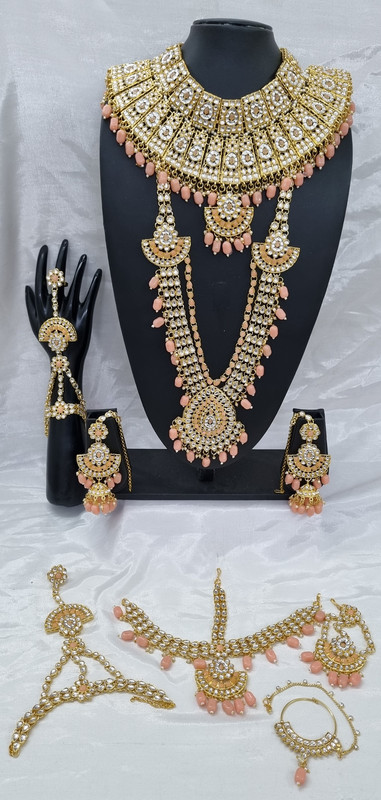 Regal Contemporary Peach Kundan Choker Necklace Earring Jewellery Set For Bride