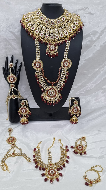 [BRIDAL COMBO 18 Maroon] Dazzling Contemporary Maroon Kundan Choker Necklace Earring Jewellery Set For Bride