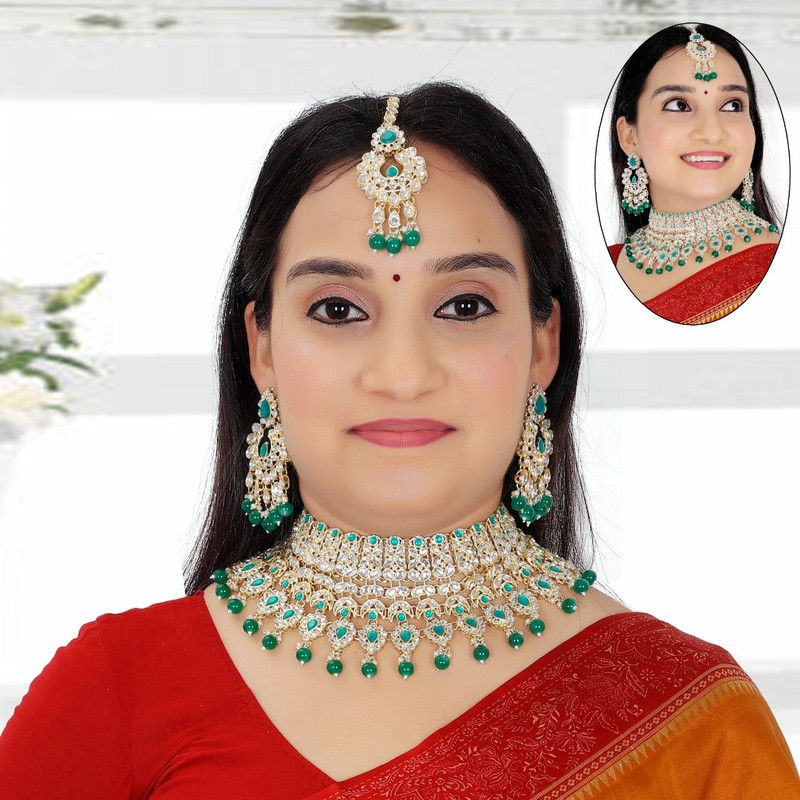 Enchanting Contemporary Green Kundan Choker Necklace Earring Jewellery Set For Bride