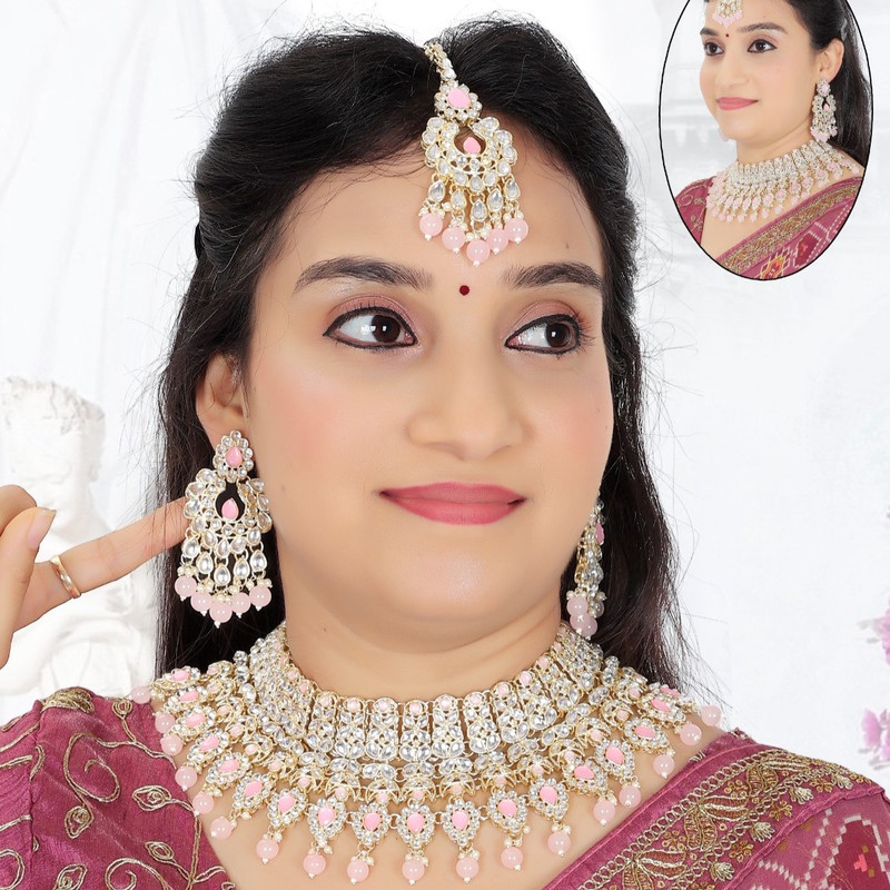 Splendid Contemporary Pink Kundan Choker Necklace Earring Jewellery Set For Bride