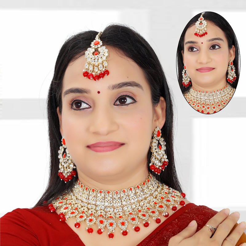 Mesmerizing Contemporary Red Kundan Choker Necklace Earring Jewellery Set For Bride