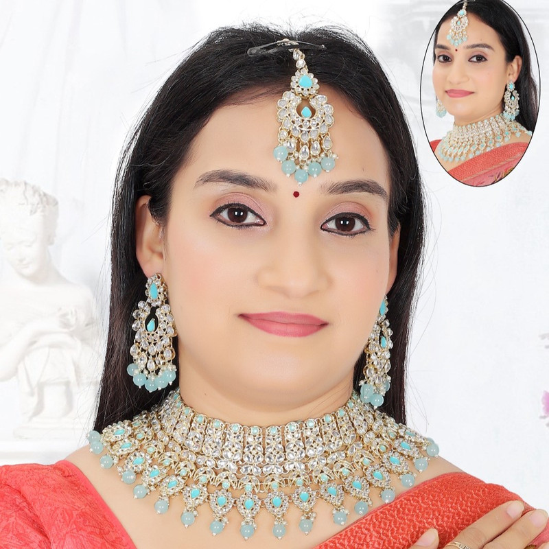 Breathtaking Contemporary Sky Blue Kundan Choker Necklace Earring Jewellery Set For Bride