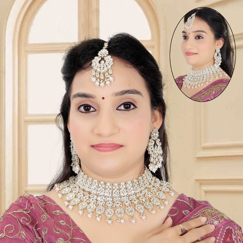 Ethereal Contemporary White Kundan Choker Necklace Earring Jewellery Set For Bride