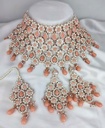 Resplendent Contemporary Peach Kundan Choker Necklace Earring Jewellery Set For Bride