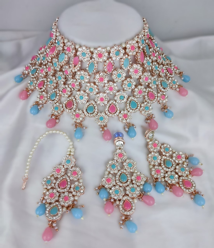 Elegant Modern Sky Blue Peach Kundan Choker Necklace Earring Jewellery Set For Bride