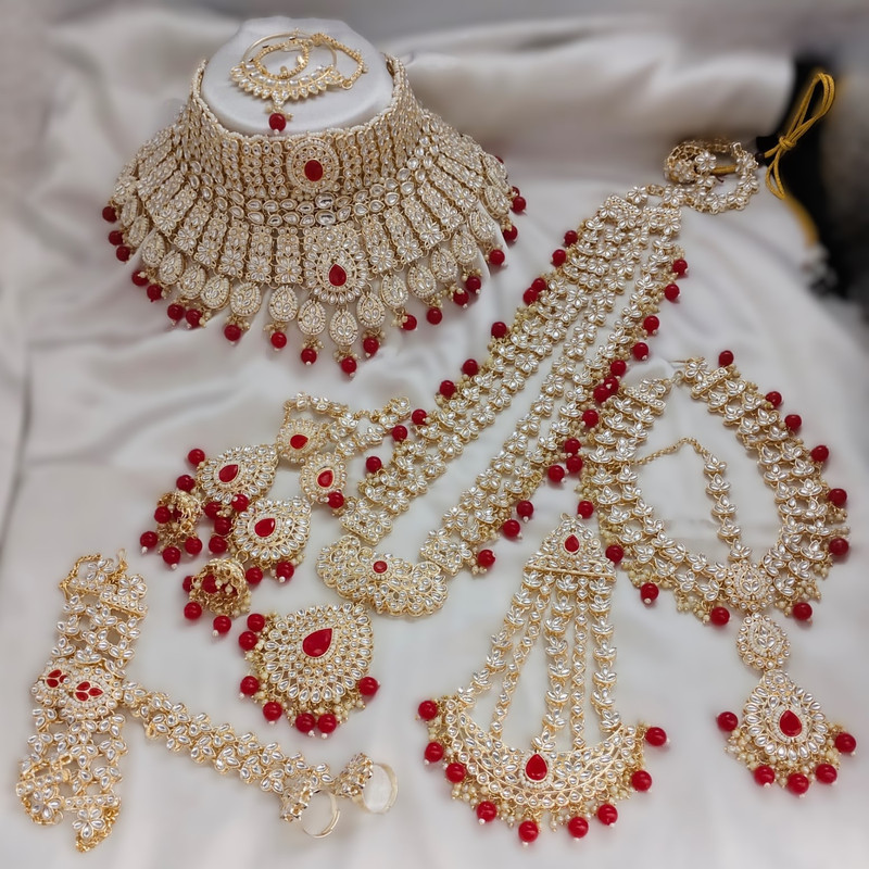 Desi Modern Red Kundan Choker Necklace Earring Jewellery Set For Bride