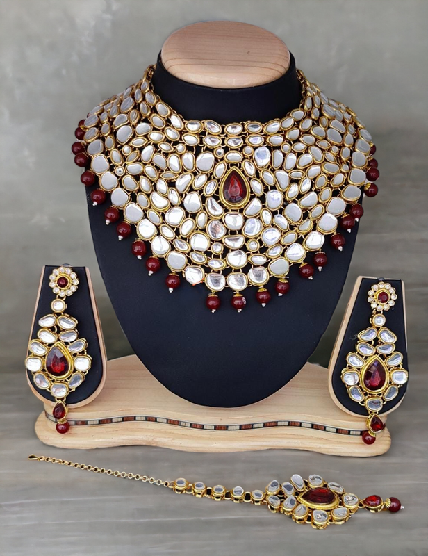 [bridal combo 32 maroon] Glamorous Modern Maroon Kundan Choker Necklace Earring Jewellery Set For Bride