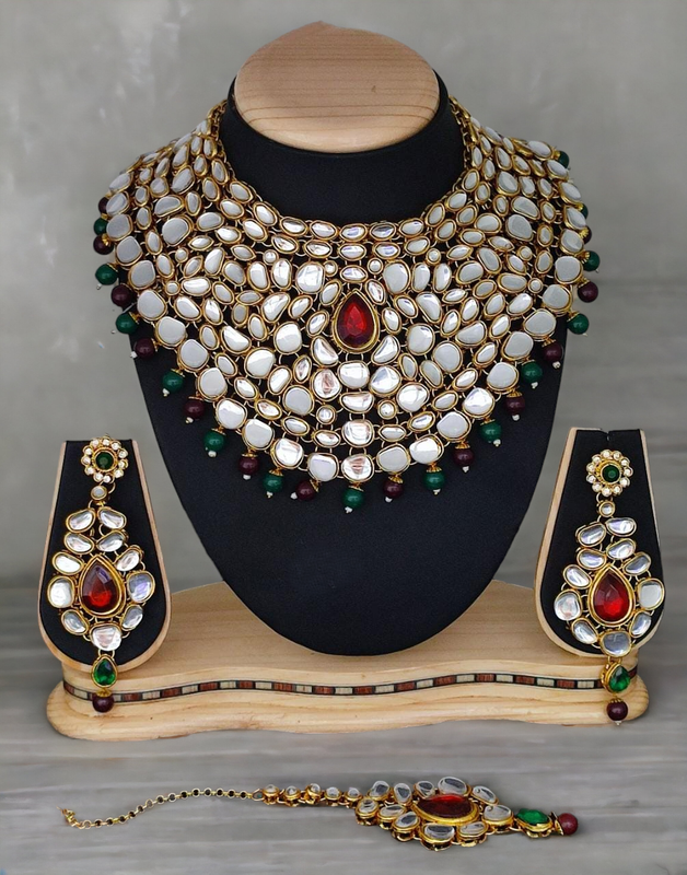 Vintage Modern Maroon Gree Kundan Choker Necklace Earring Jewellery Set For Bride
