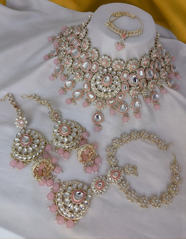 [Bridal Combo 41 Baby Pink] Bridal Combo 41 Baby Pink Kundan Choker Necklace Earring Jewellery set for Bride