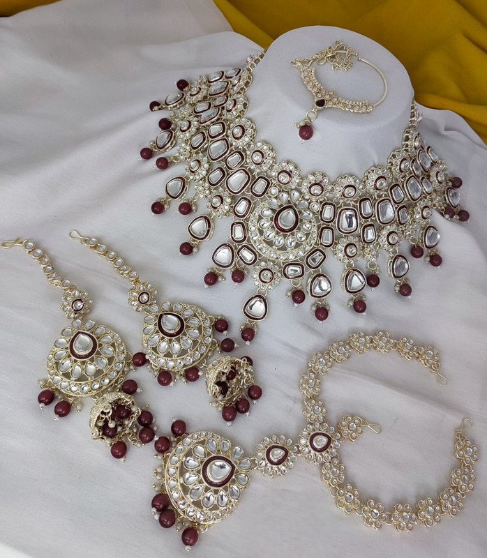 Stunning Modern Maroon Kundan Choker Necklace Earring Jewellery Set For Bride