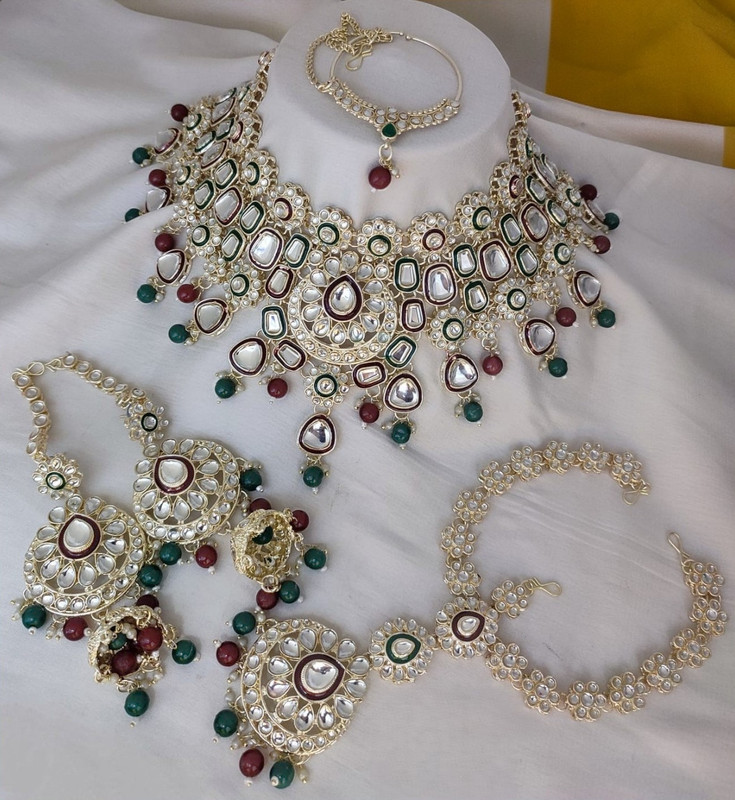 [Bridal Combo 41 maroon green] Premium Modern Maroon Green Kundan Choker Necklace Earring Jewellery Set For Bride