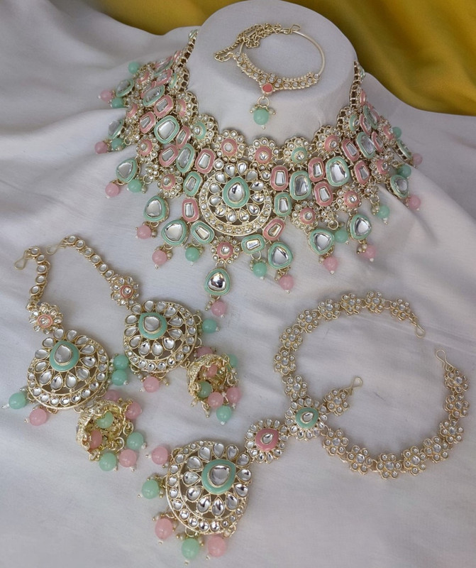 Exclusive Modern Mint Green Baby Pionk Kundan Choker Necklace Earring Jewellery Set For Bride
