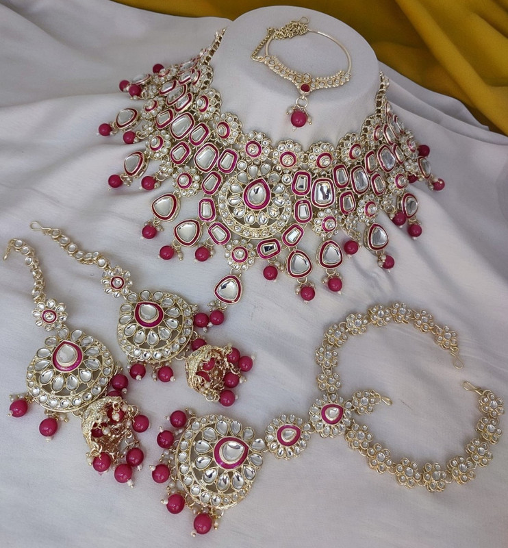 Luxury Modern Rani Pink Kundan Choker Necklace Earring Jewellery Set For Bride