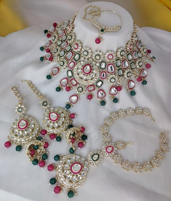 [Bridal Combo 41 rani pink green] Bridal Combo 41 rani pink green Kundan Choker Necklace Earring Jewellery set for Bride