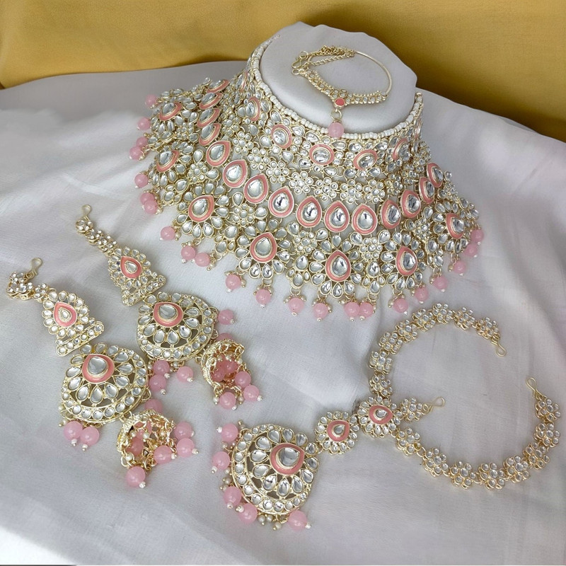 Regal Modern Baby Pink Kundan Choker Necklace Earring Jewellery Set For Bride