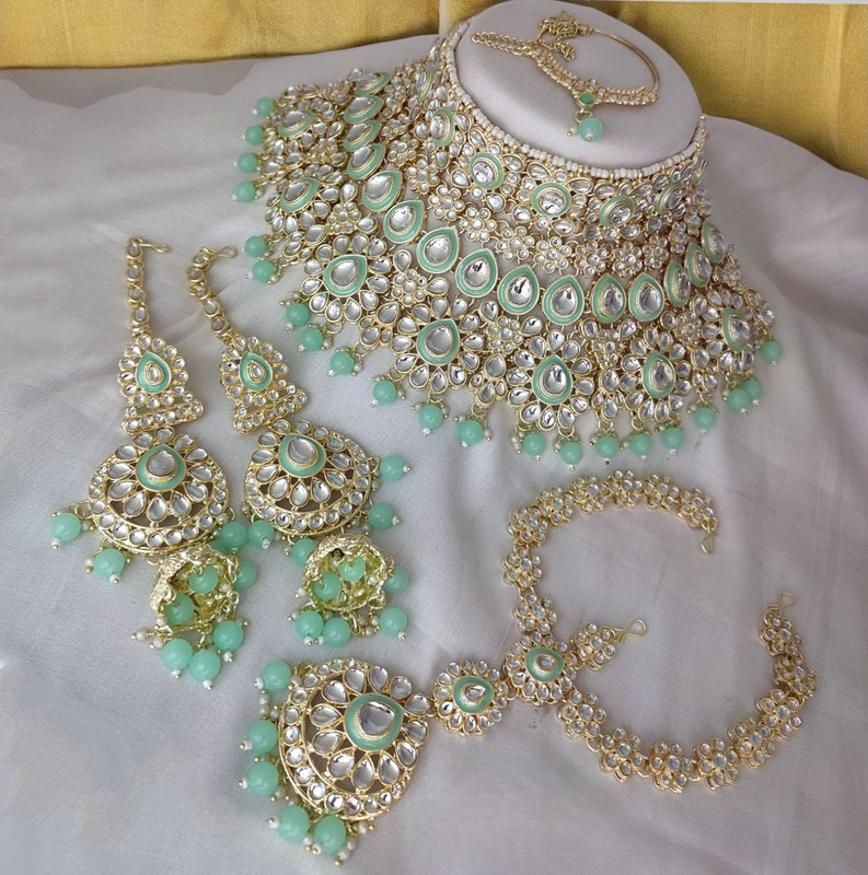 [Bridal Combo 42 mint green] Grand Modern Mint Green Kundan Choker Necklace Earring Jewellery Set For Bride
