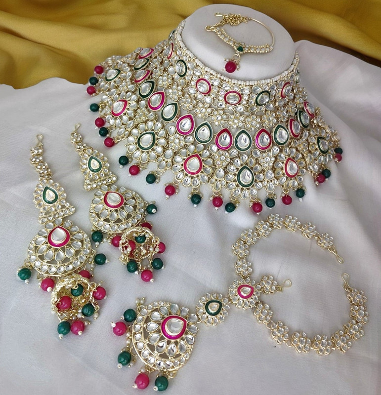 [Bridal Combo 42 rani green] Radiant Modern Rani Green Kundan Choker Necklace Earring Jewellery Set For Bride