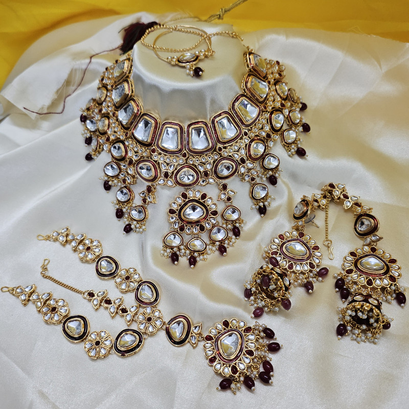 Mesmerizing Modern Half Maroon Kundan Choker Necklace Earring Jewellery Set For Bride