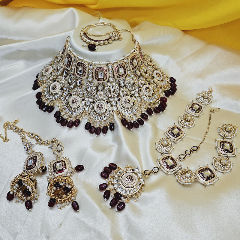 Ornate Modern Half Maroon Kundan Choker Necklace Earring Jewellery Set For Bride
