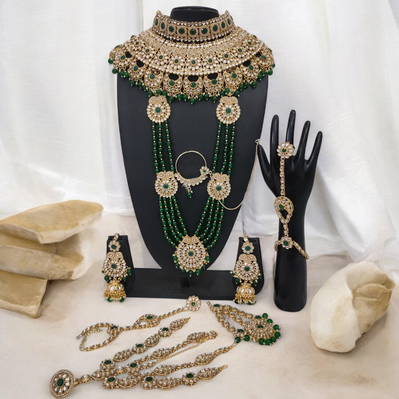 [BRIDAL COMBO 59 GREEN] Vibrant Modern Green Kundan Choker Necklace Earring Jewellery Set For Bride