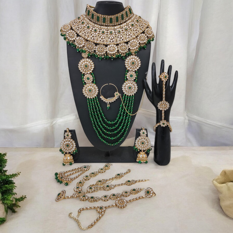 [BRIDAL COMBO 60 GREEN] Elegant Statement Green Kundan Choker Necklace Earring Jewellery Set For Bride
