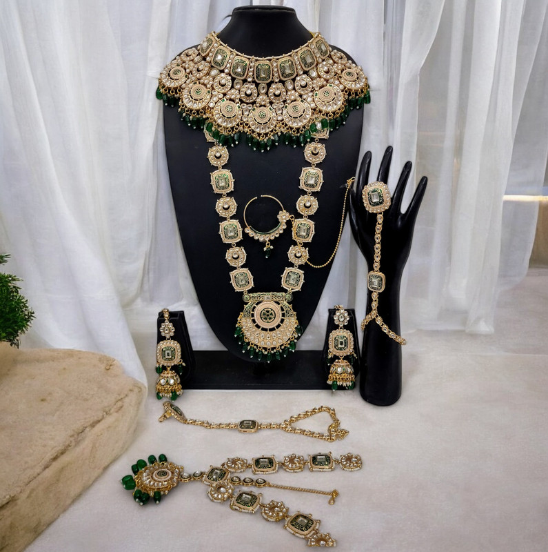 [BRIDAL COMBO 61 GREEN] BRIDAL COMBO 61 GREEN Kundan Choker Necklace Earring Jewellery set for Bride