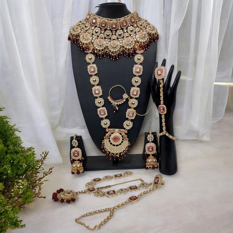 Chic Statement Maroon Kundan Choker Necklace Earring Jewellery Set For Bride