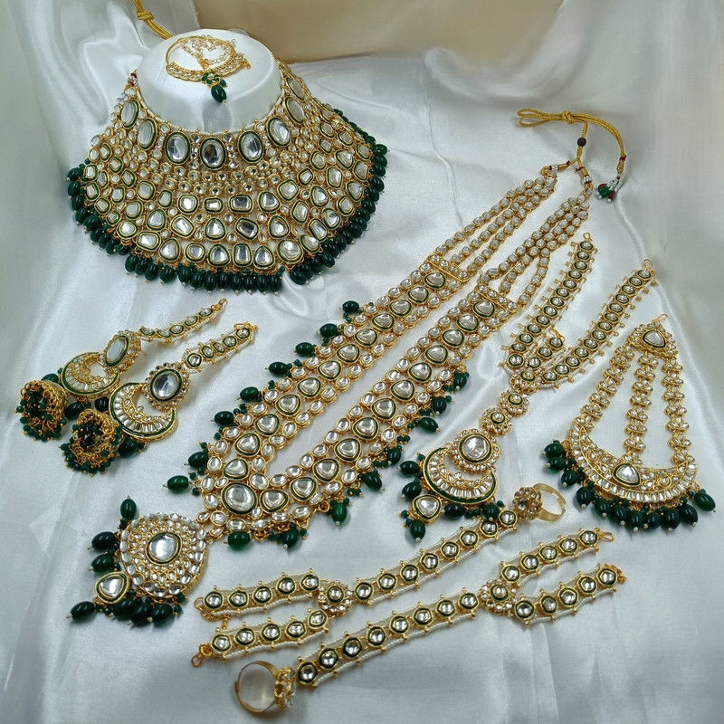 [BRIDAL COMBO 62 GREEN] BRIDAL COMBO 62 GREEN Kundan Choker Necklace Earring Jewellery set for Bride