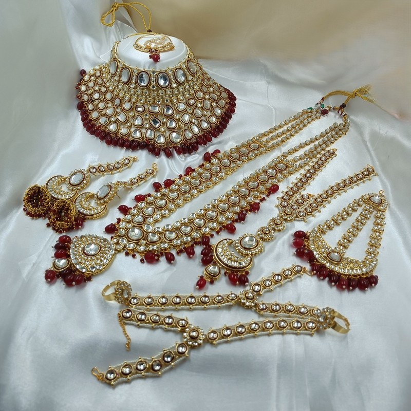 [BRIDAL COMBO 62 MAROON] BRIDAL COMBO 62 MAROON Kundan Choker Necklace Earring Jewellery set for Bride