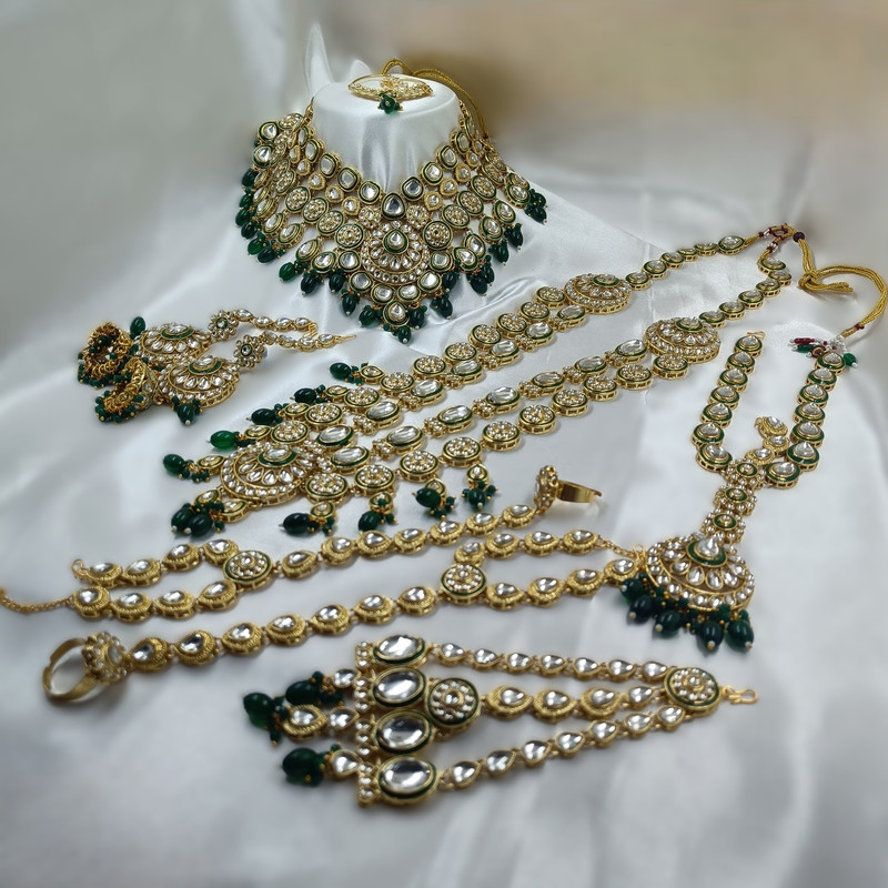 [BRIDAL COMBO 65 GREEN] BRIDAL COMBO 65 GREEN Kundan Choker Necklace Earring Jewellery set for Bride
