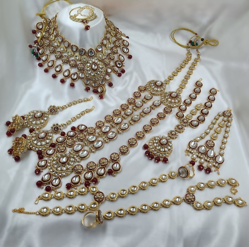 Glamorous Statement Ruby Maroon Kundan Choker Necklace Earring Jewellery Set For Bride