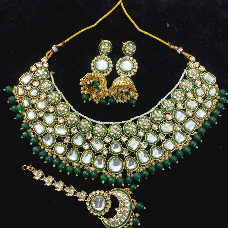 [BRIDAL COMBO 66 GREEN] Vintage Statement Green Kundan Choker Necklace Earring Jewellery Set For Bride