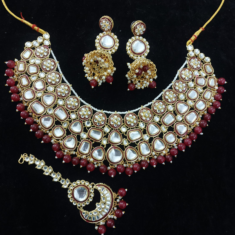 Trendy Statement Maroon Kundan Choker Necklace Earring Jewellery Set For Bride