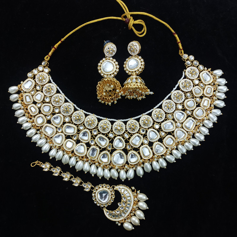 [BRIDAL COMBO 66 WHITE] BRIDAL COMBO 66 WHITE Kundan Choker Necklace Earring Jewellery set for Bride