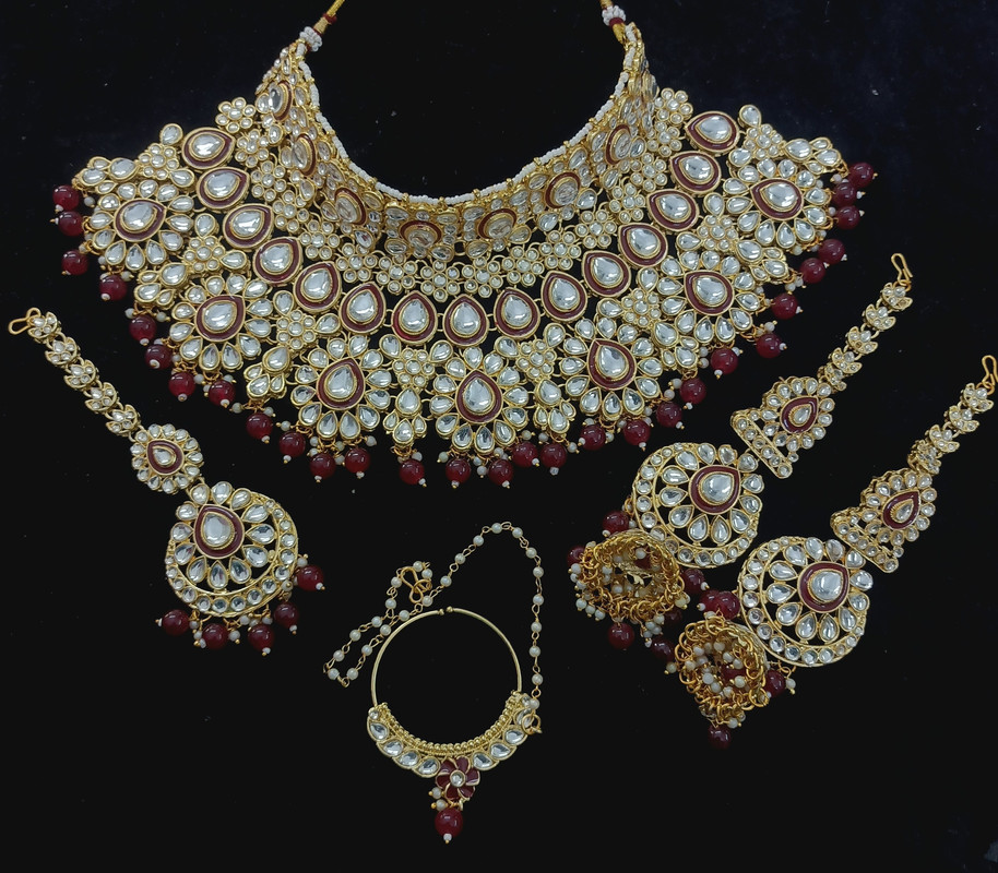 Gorgeous Statement Maroon Kundan Choker Necklace Earring Jewellery Set For Bride