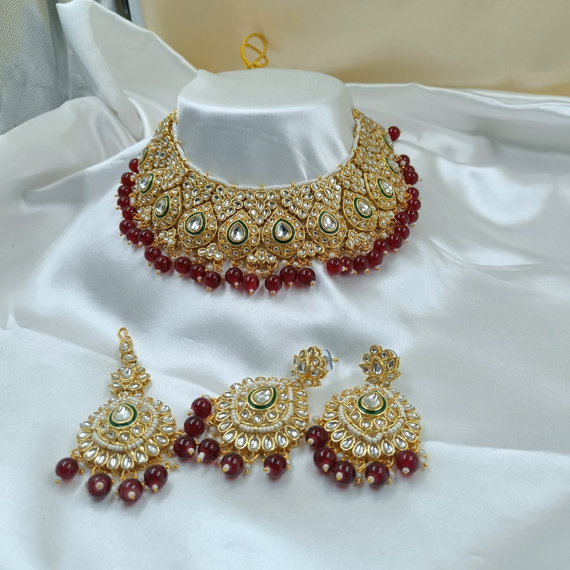 Stunning Statement Maroon Kundan Choker Necklace Earring Jewellery Set For Bride