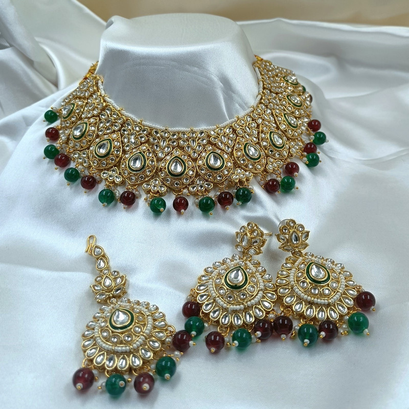 Premium Statement Multi Kundan Choker Necklace Earring Jewellery Set For Bride