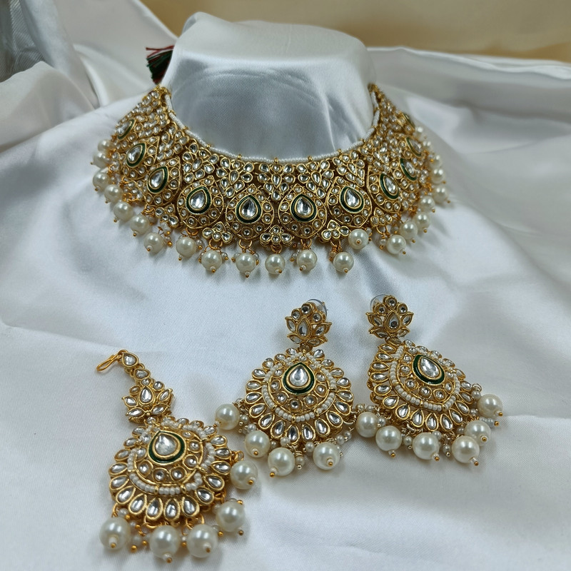 [BRIDAL COMBO 68 WHITE] BRIDAL COMBO 68 WHITE Kundan Choker Necklace Earring Jewellery set for Bride