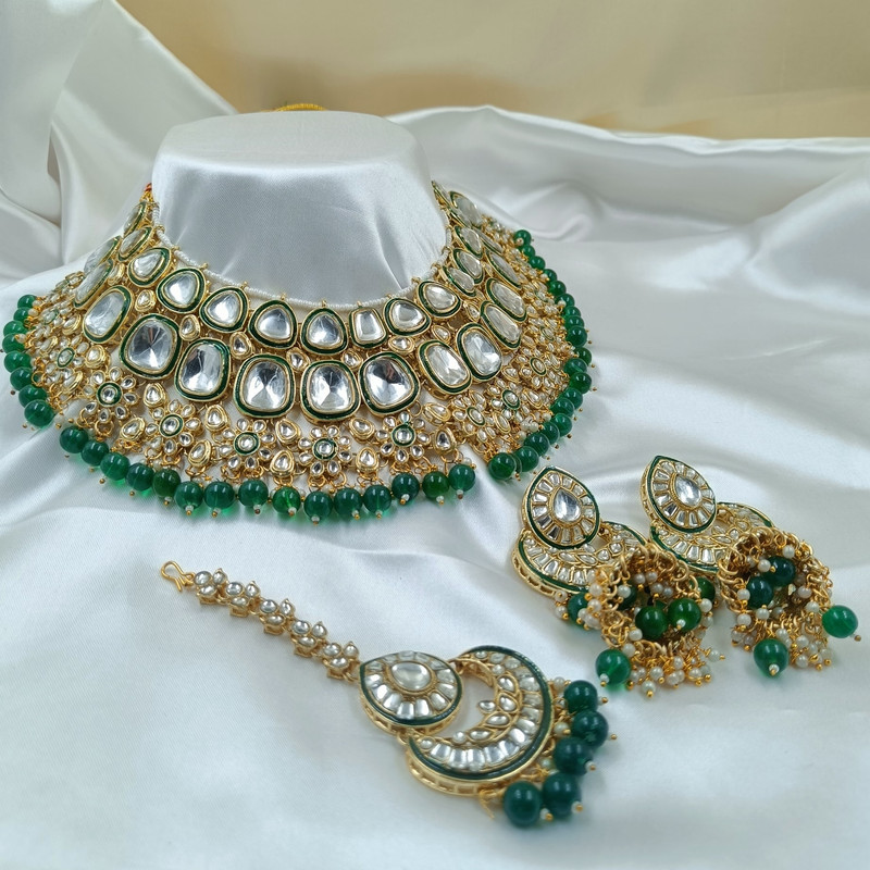 [BRIDAL COMBO 69 GREEN] Luxury Statement Green Kundan Choker Necklace Earring Jewellery Set For Bride