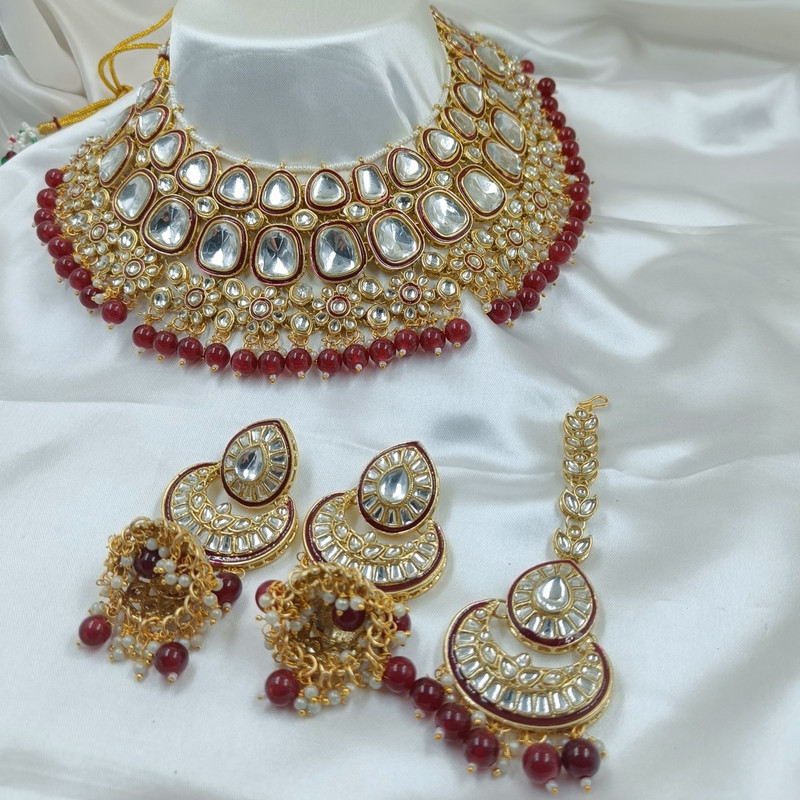 Authentic Statement Maroon Kundan Choker Necklace Earring Jewellery Set For Bride