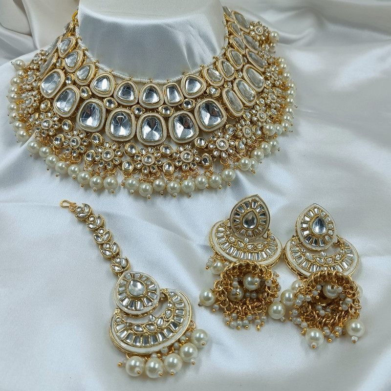 Artisan Statement White Kundan Choker Necklace Earring Jewellery Set For Bride