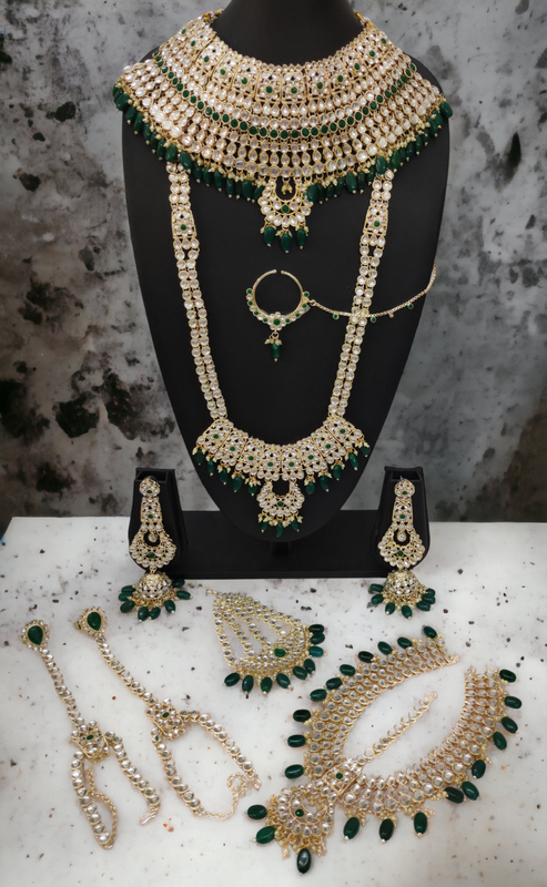 [BRIDAL COMBO 8 GREEN] BRIDAL COMBO 8 GREEN Kundan Choker Necklace Earring Jewellery set for Bride