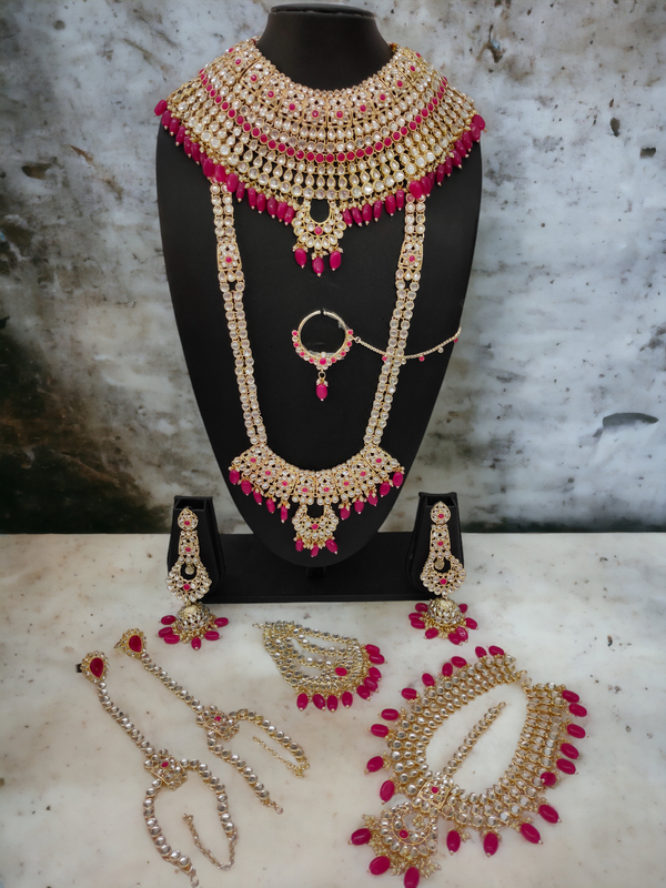 [BRIDAL COMBO 8 RANI PINK] BRIDAL COMBO 8 RANI PINK Kundan Choker Necklace Earring Jewellery set for Bride
