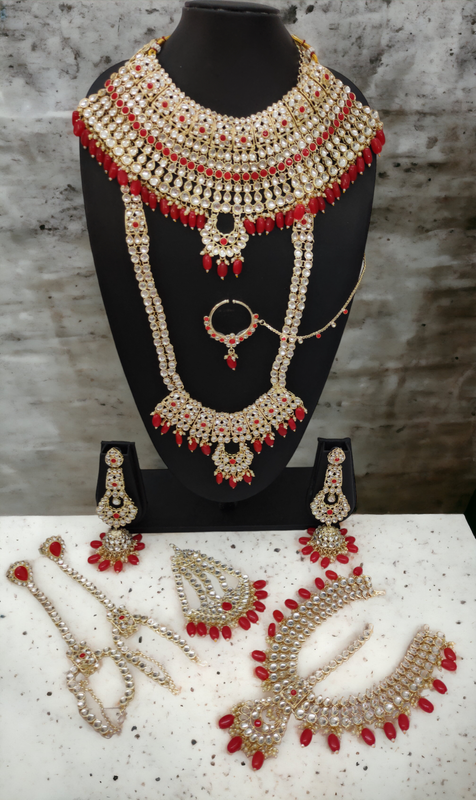 [BRIDAL COMBO 8 RED] BRIDAL COMBO 8 RED Kundan Choker Necklace Earring Jewellery set for Bride