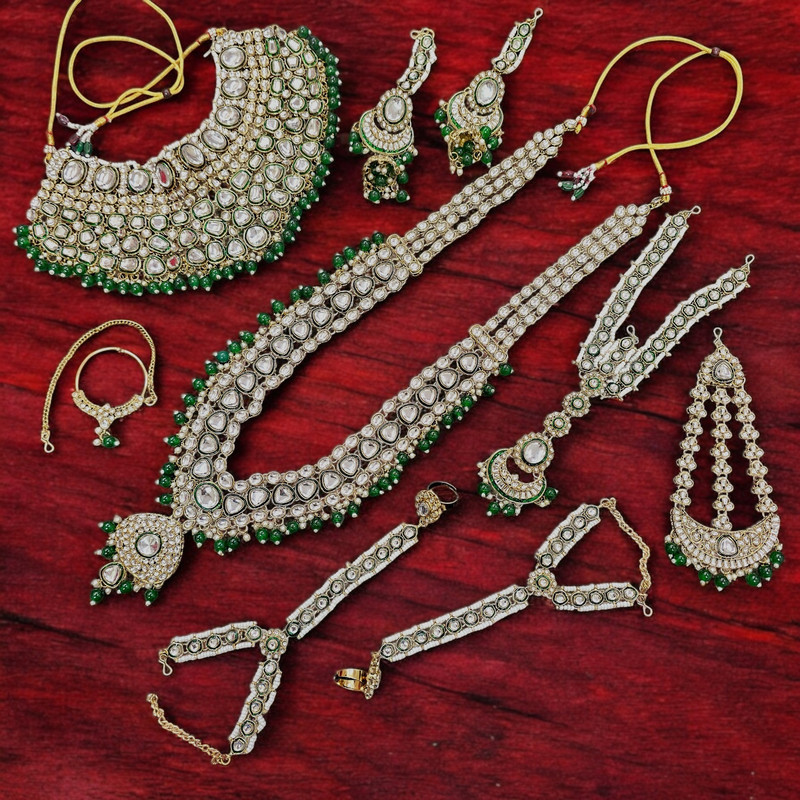 [BRIDAL COMBO 82 GREEN] Grand Statement Green Kundan Choker Necklace Earring Jewellery Set For Bride