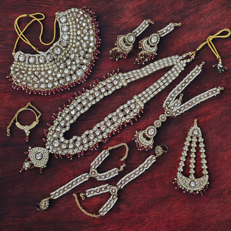 Dazzling Statement Maroon Kundan Choker Necklace Earring Jewellery Set For Bride